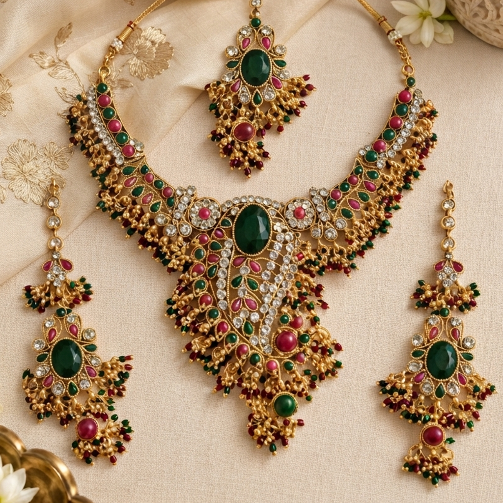 Traditional Gold-Plated Green and Maroon Stone Embellished Jewellery Set with Necklace, Earrings and Maang Tikka