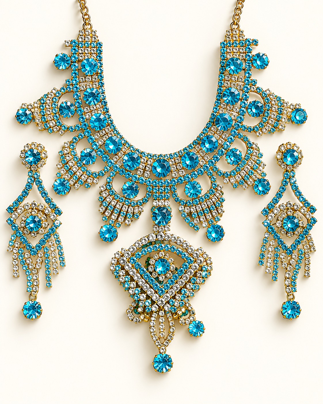 Gold-Toned Blue Stone & Crystal Embellished Bridal Necklace and Earrings Jewellery Set