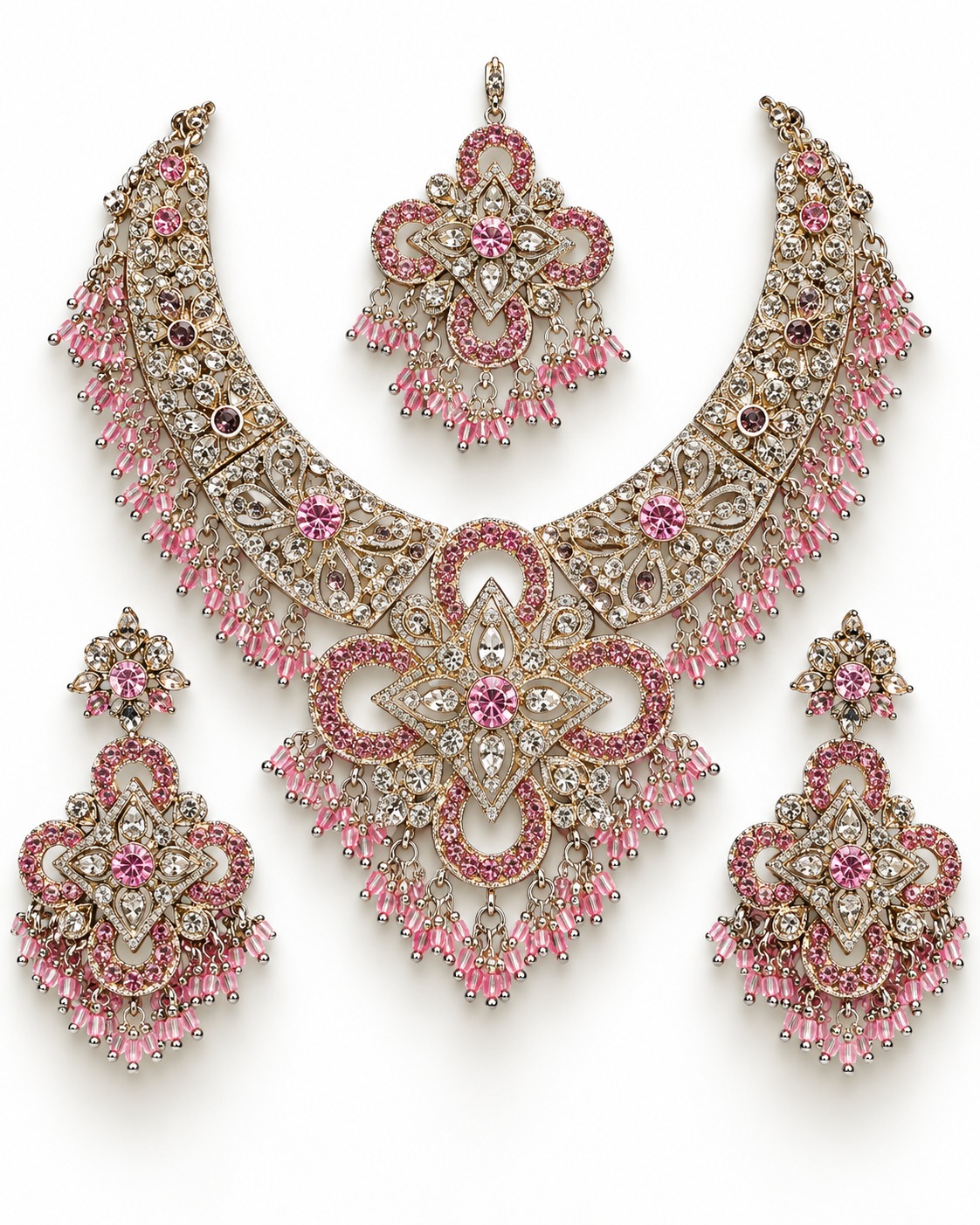 Pink & White Stone Studded Bridal Jewellery Set with Necklace, Earrings & Maang Tikka